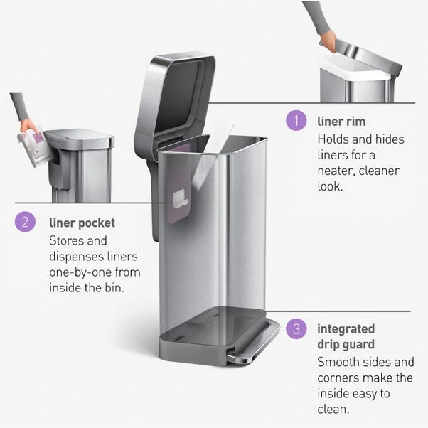 Simplehuman 45 Litre Liner Pocket Bin With Plastic Lid - Image 4
