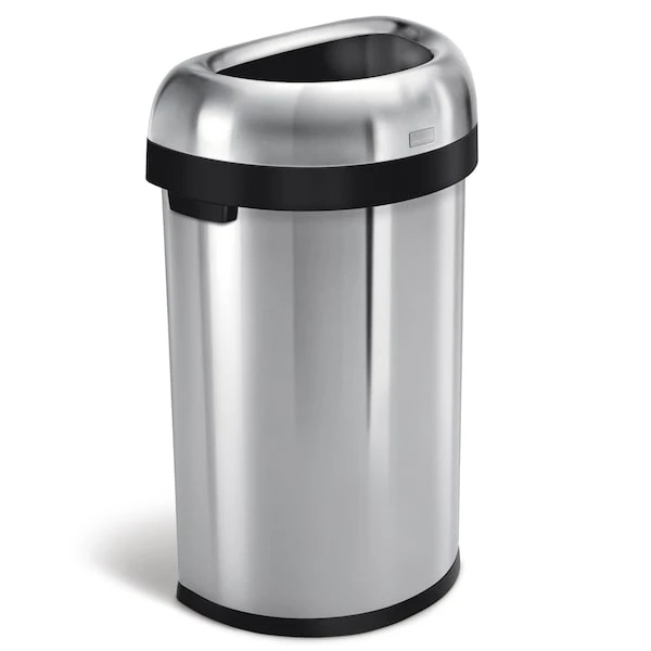 Simplehuman 60 Liter/16 Gallon Large Semi-Round Open Top Trash Can, Heavy Gauge Brushed Stainless Steel