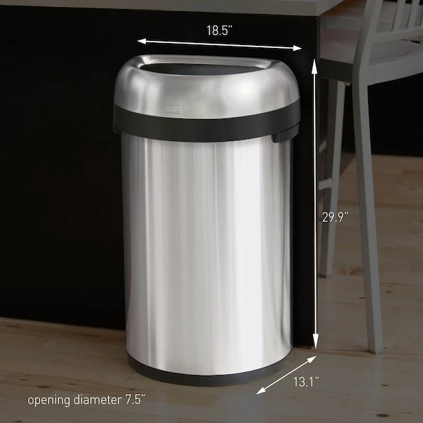 Simplehuman 60 Liter/16 Gallon Large Semi-Round Open Top Trash Can, Heavy Gauge Brushed Stainless Steel - Image 5