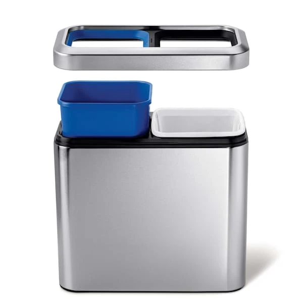 Simplehuman 20 Liter Dual Compartment Slim Open Top Recycling Trash Can, Heavy Gauge Brushed Stainless Steel - Image 4