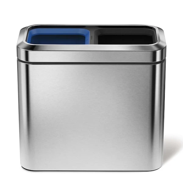 Simplehuman 20 Liter Dual Compartment Slim Open Top Recycling Trash Can, Heavy Gauge Brushed Stainless Steel - Image 5