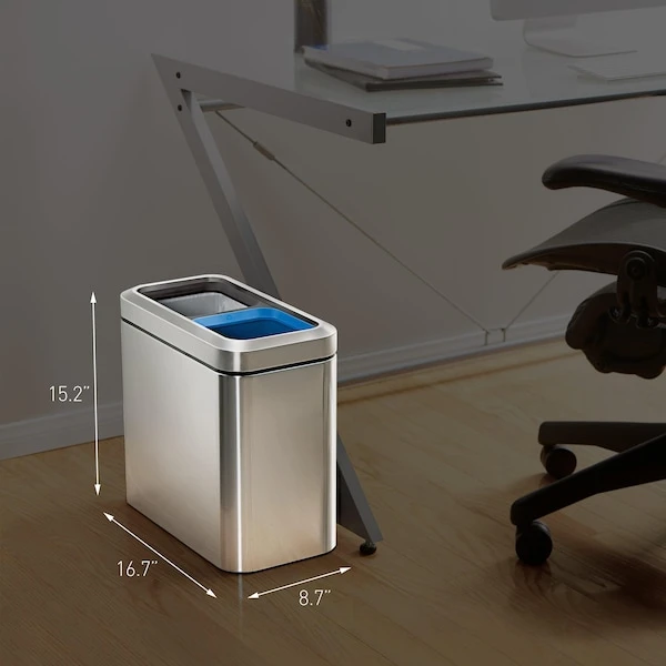 Simplehuman 20 Liter Dual Compartment Slim Open Top Recycling Trash Can, Heavy Gauge Brushed Stainless Steel - Image 6