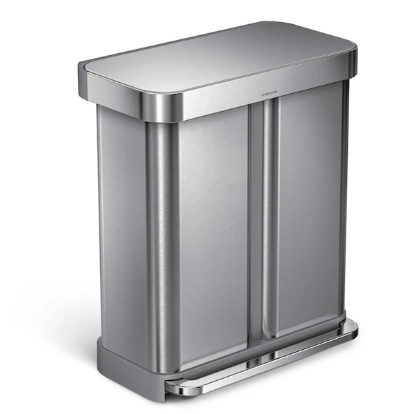 Simplehuman 58 Liter Rectangular Dual Compartment Recycling Kitchen Step Trash Can, Brushed Stainless Steel