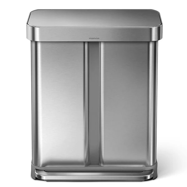 Simplehuman 58 Liter Rectangular Dual Compartment Recycling Kitchen Step Trash Can, Brushed Stainless Steel - Image 5