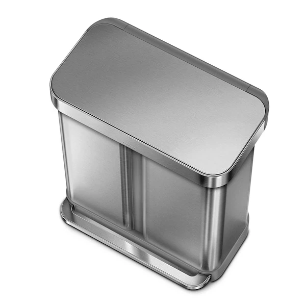 Simplehuman 58 Liter Rectangular Dual Compartment Recycling Kitchen Step Trash Can, Brushed Stainless Steel - Image 4