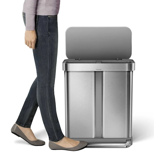 Simplehuman 58 Liter Rectangular Dual Compartment Recycling Kitchen Step Trash Can, Brushed Stainless Steel - Image 2