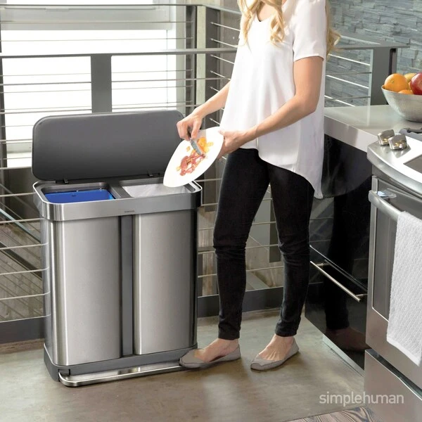 Simplehuman 58 Liter Rectangular Dual Compartment Recycling Kitchen Step Trash Can, Brushed Stainless Steel - Image 6